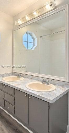 3539 W Inverrary Boulevard W, #1, Lauderhill, Lauderhill, FL 33319 Double vanity featuring solid-surface countertops with integrated dual sinks, gray shaker-style cabinetry, a large framed vanity mirror, and a geometric-shaped window