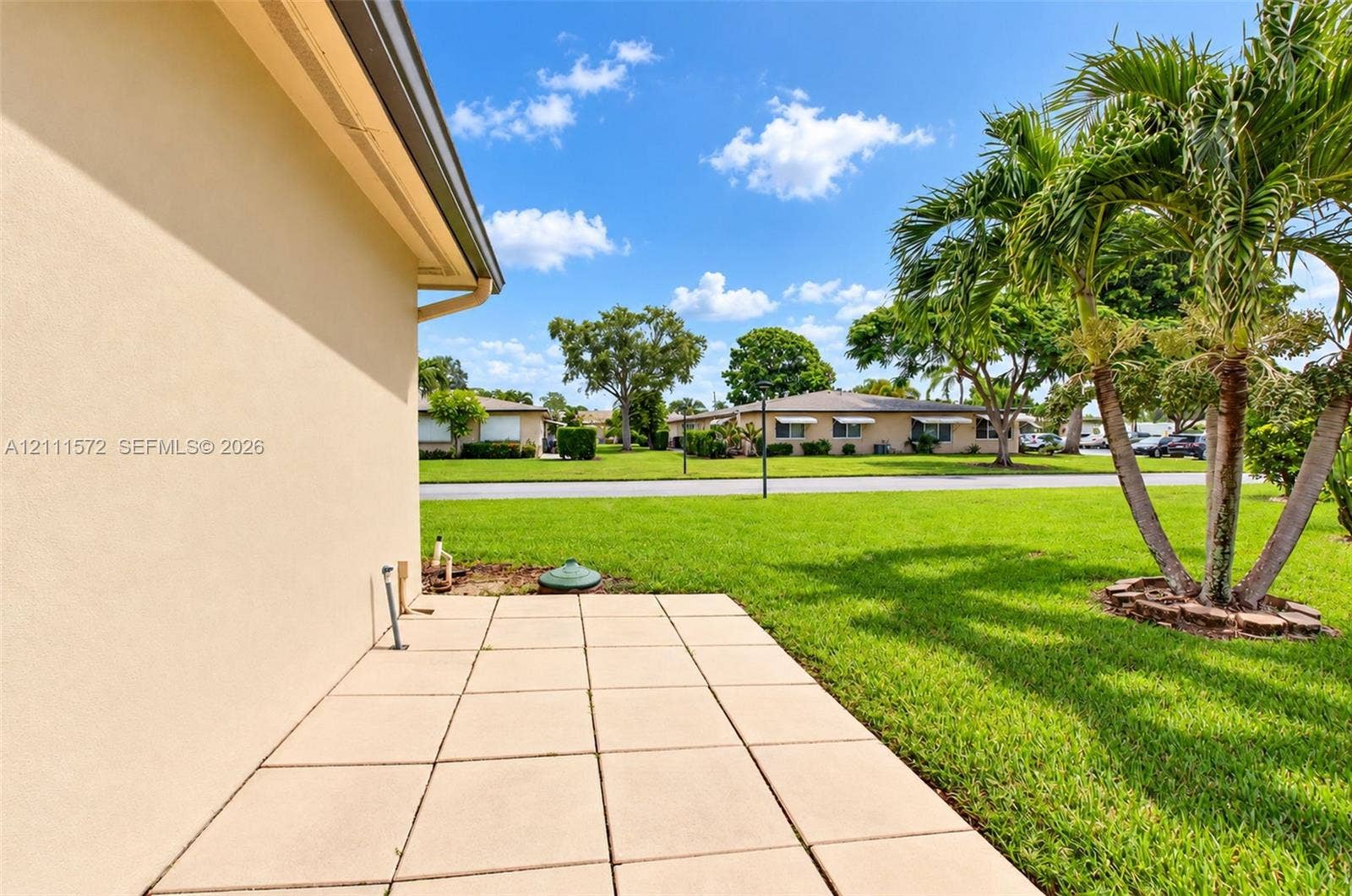 Exterior back patio space featuring a concrete paver patio, and mature palm trees set within a grass lawn