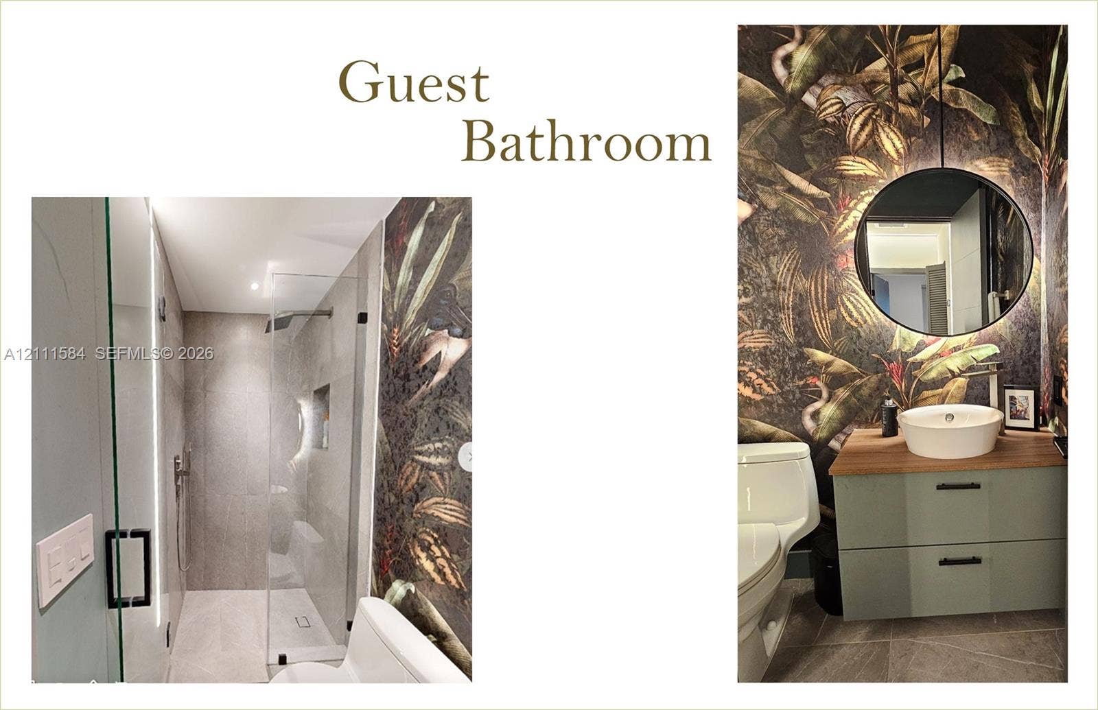 Bathroom featuring a floating vanity with a wood-finish countertop, vessel sink, and matte black hardware, paired with a walk-in shower enclosed by a glass panel, stone-finish wall tile, and patterned wall covering