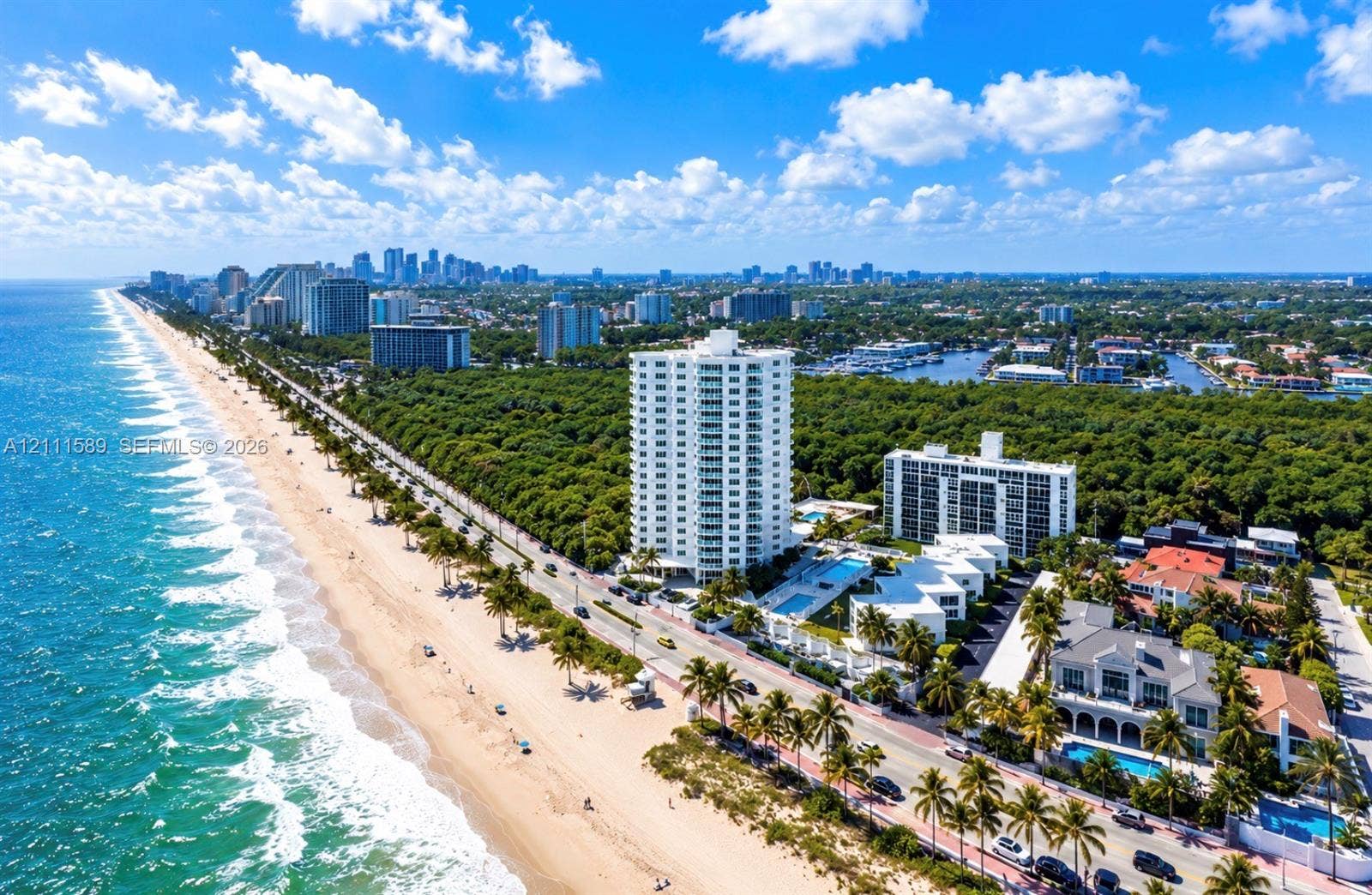 Aerial perspective of coastal residential property featuring direct oceanfront access, sandy shoreline, dense surrounding canopy, and expansive city skyline backdrop