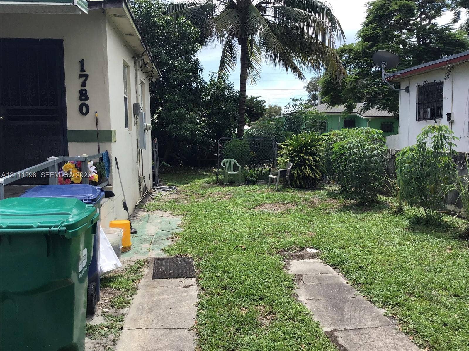 Exterior side yard featuring concrete paved pathways, mature palm tree, and established perimeter shrubbery