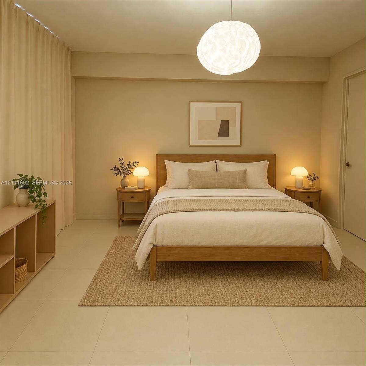 Neutral-toned interior featuring large-format tile flooring, textured wall-to-wall curtains, and a prominent sphere-shaped pendant light fixture