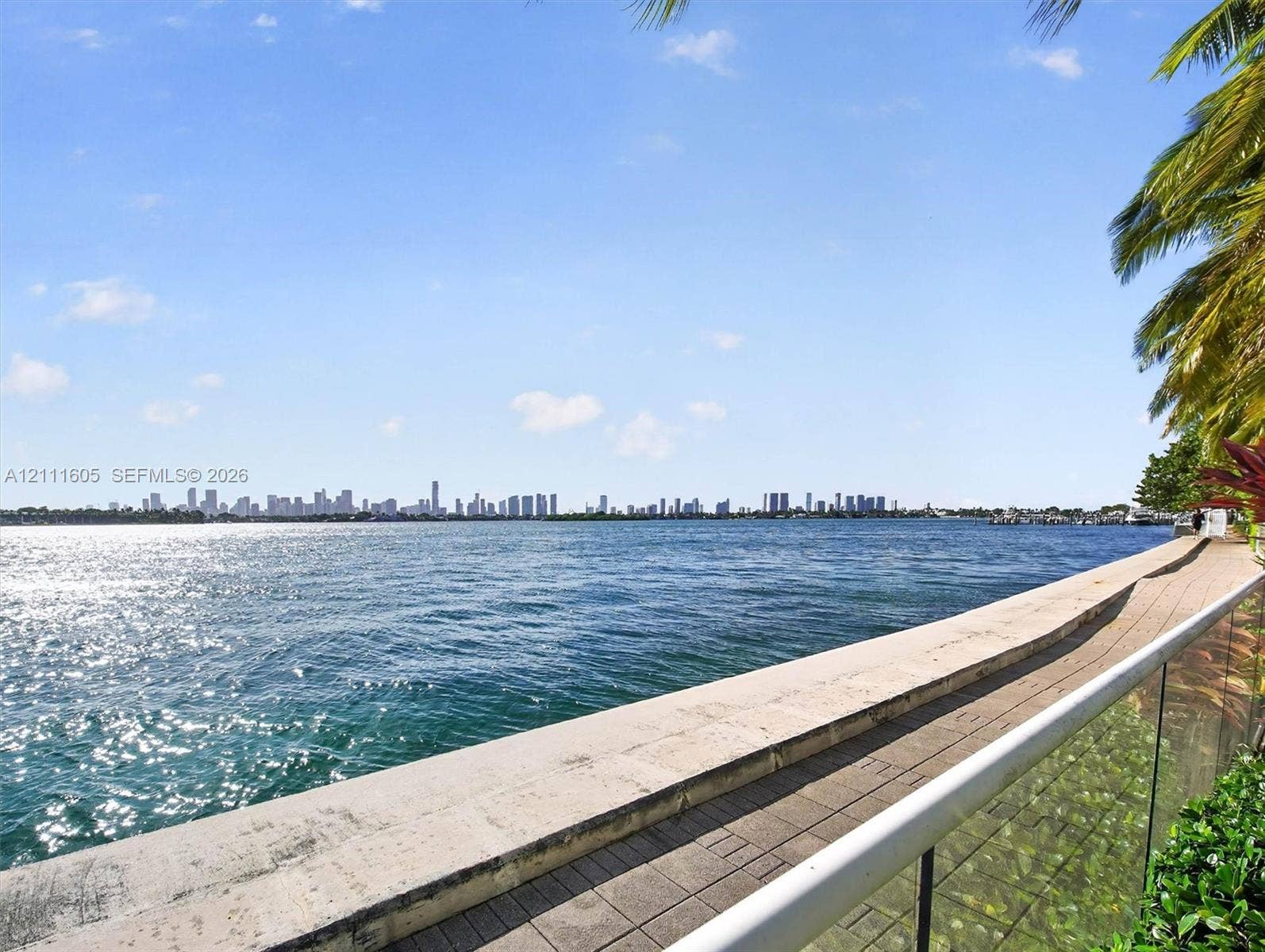 Multistory residential building with a curvilinear swimming pool, concrete hardscaping, mature palm trees, and direct waterfront access