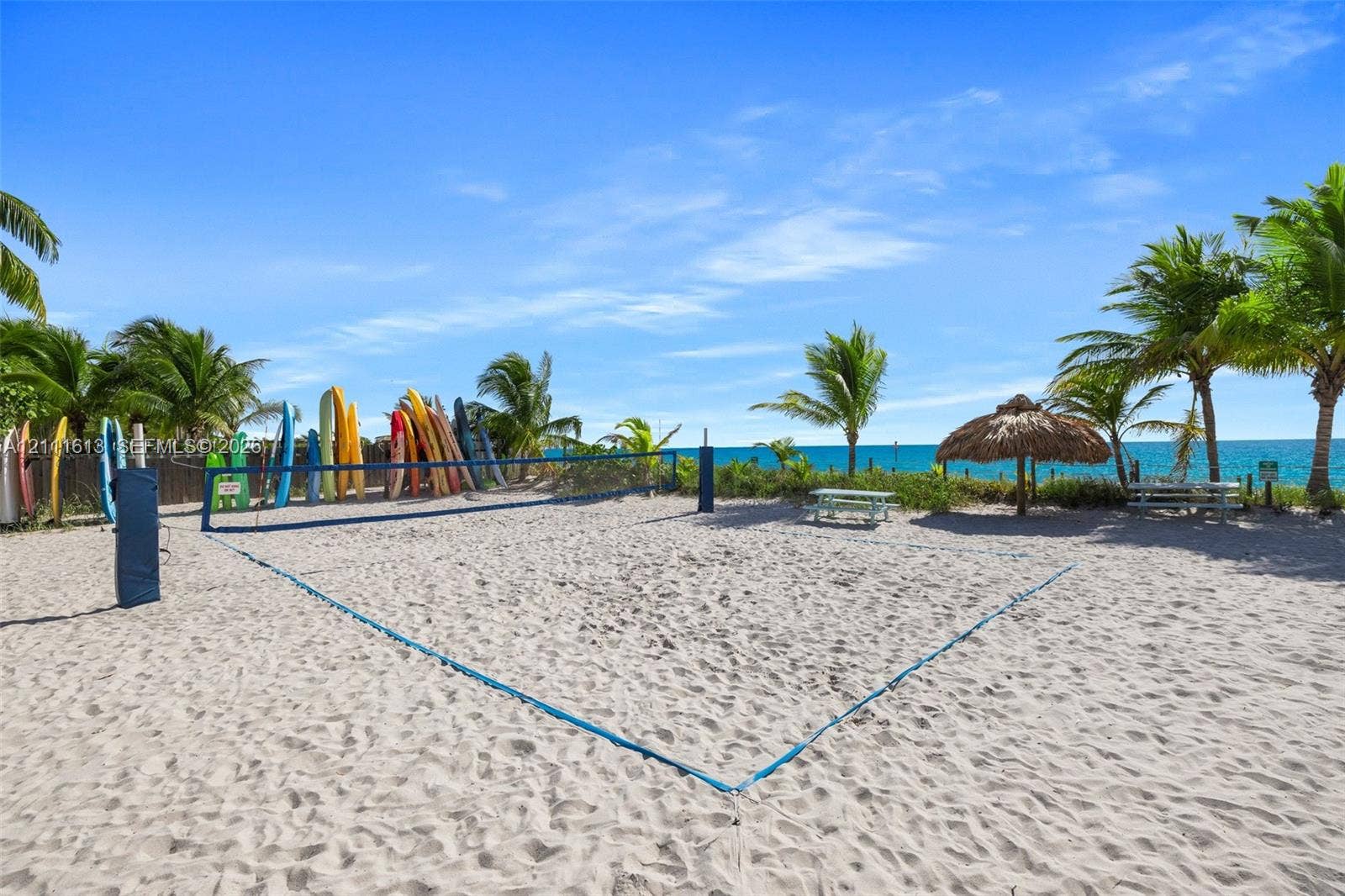 Sand volleyball court featuring a permanent net system, thatched-roof palapa, and mature palm trees situated on a private beach