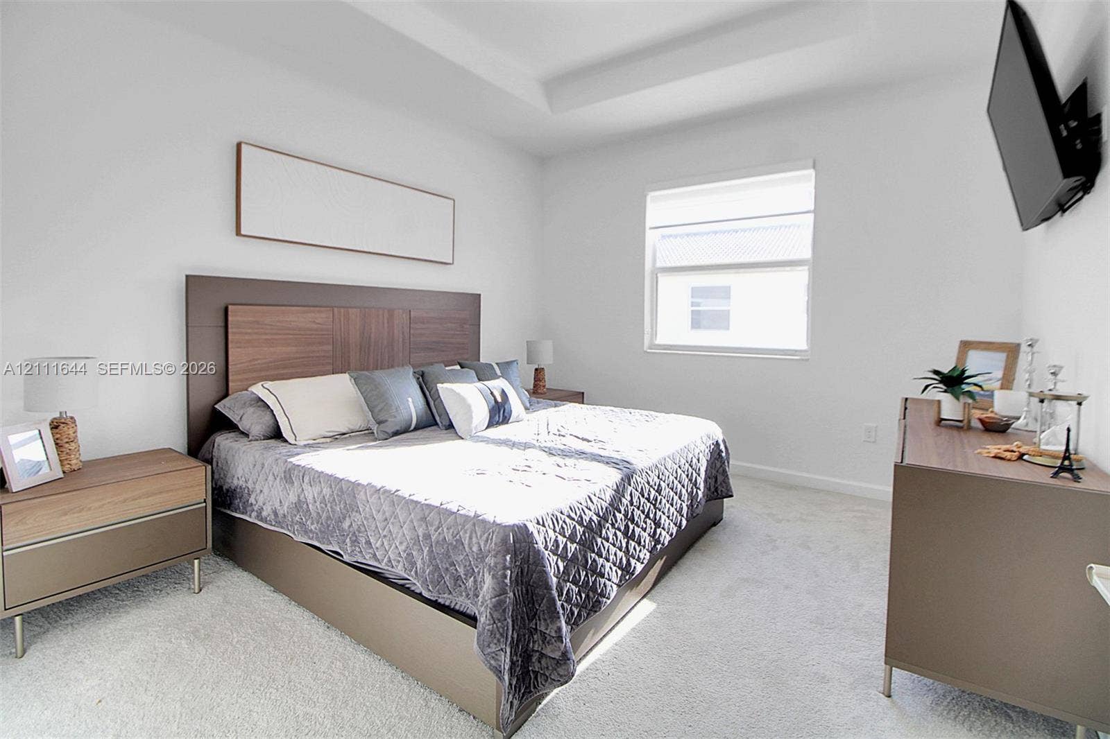 2873 SE 24th Avenue, Homestead, FL 33035 Bedroom featuring neutral wall-to-wall carpeting, tray ceiling, and a single window with roller shade