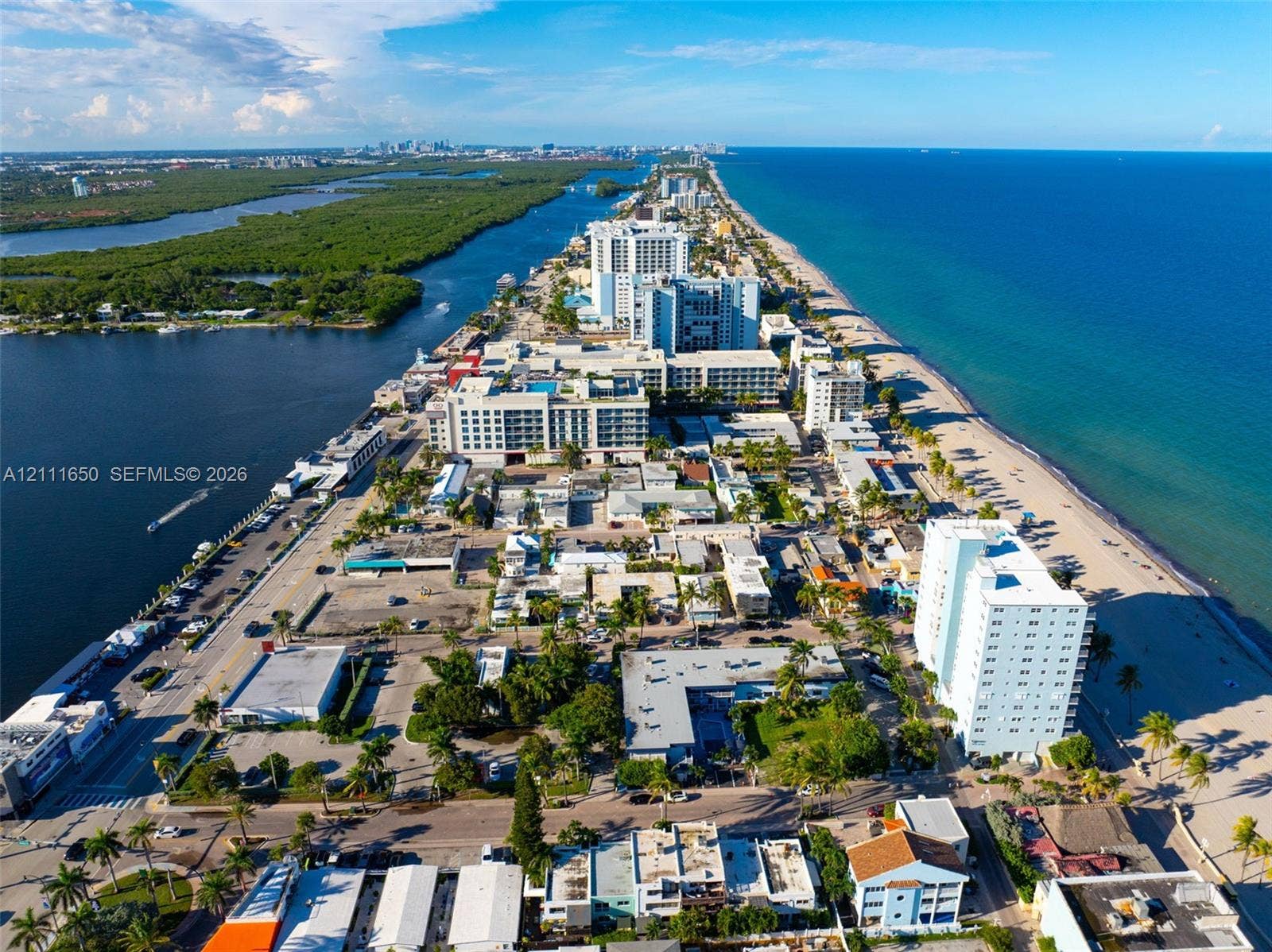 Aerial perspective of coastal landscape featuring expansive ocean shoreline, intercoastal waterways, mature palm trees, and dense urban development