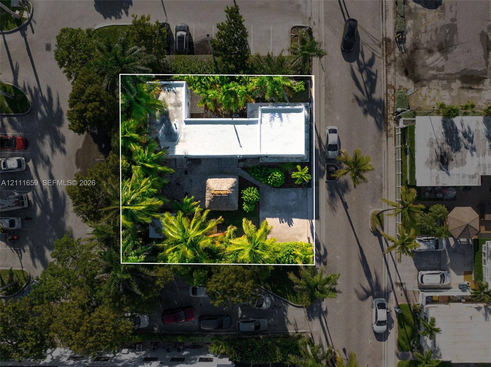 338 Taylor Street, #2, Hollywood, Hollywood, FL 33019 Aerial perspective of a property featuring a flat-roof residence, a detached thatch-roof structure, concrete hardscaping, and mature palm trees