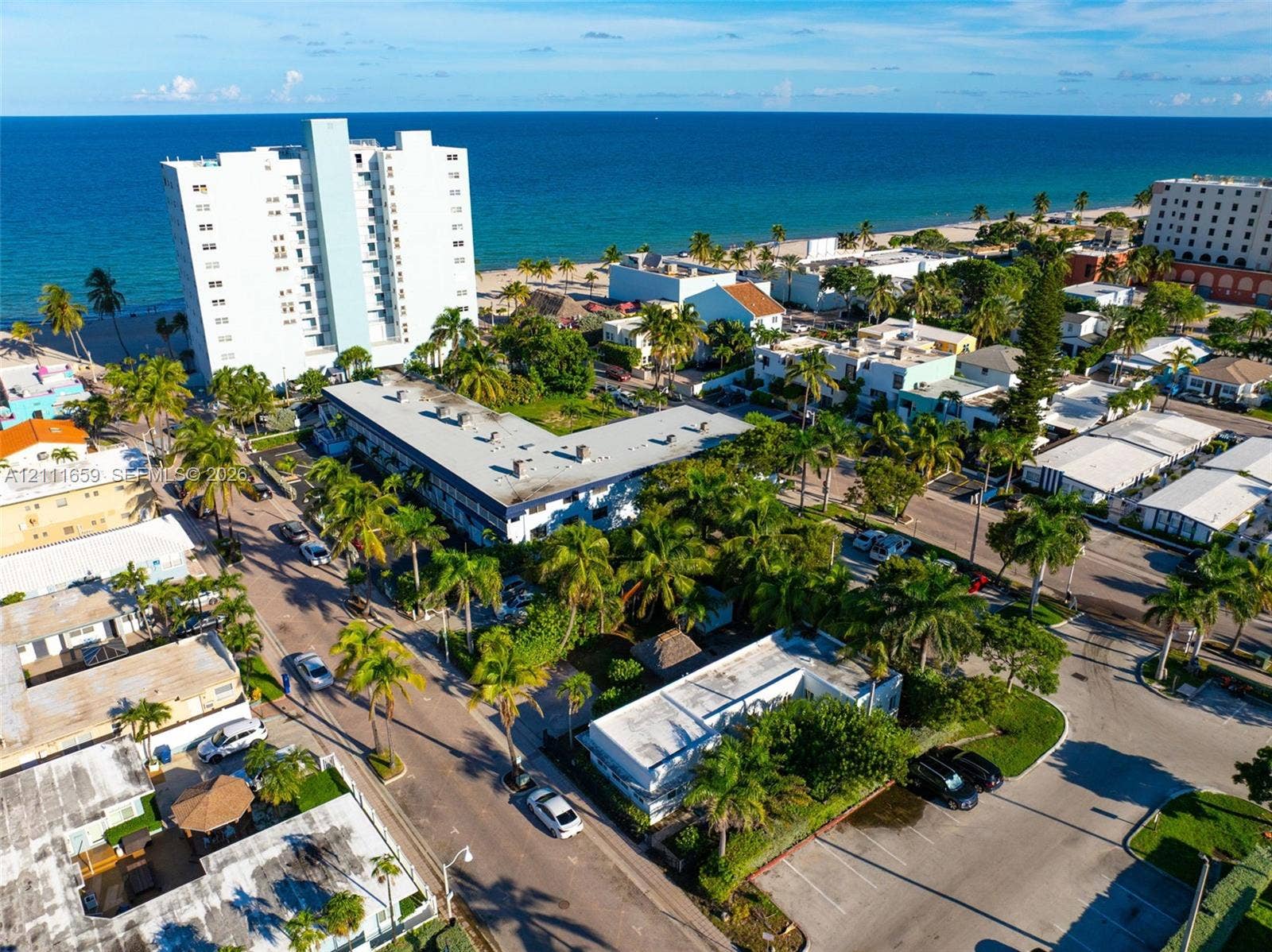 338 Taylor Street, #2, Hollywood, Hollywood, FL 33019 Coastal location featuring proximity to the shoreline, mature palm trees, paved surface parking, and multi-story architectural structures
