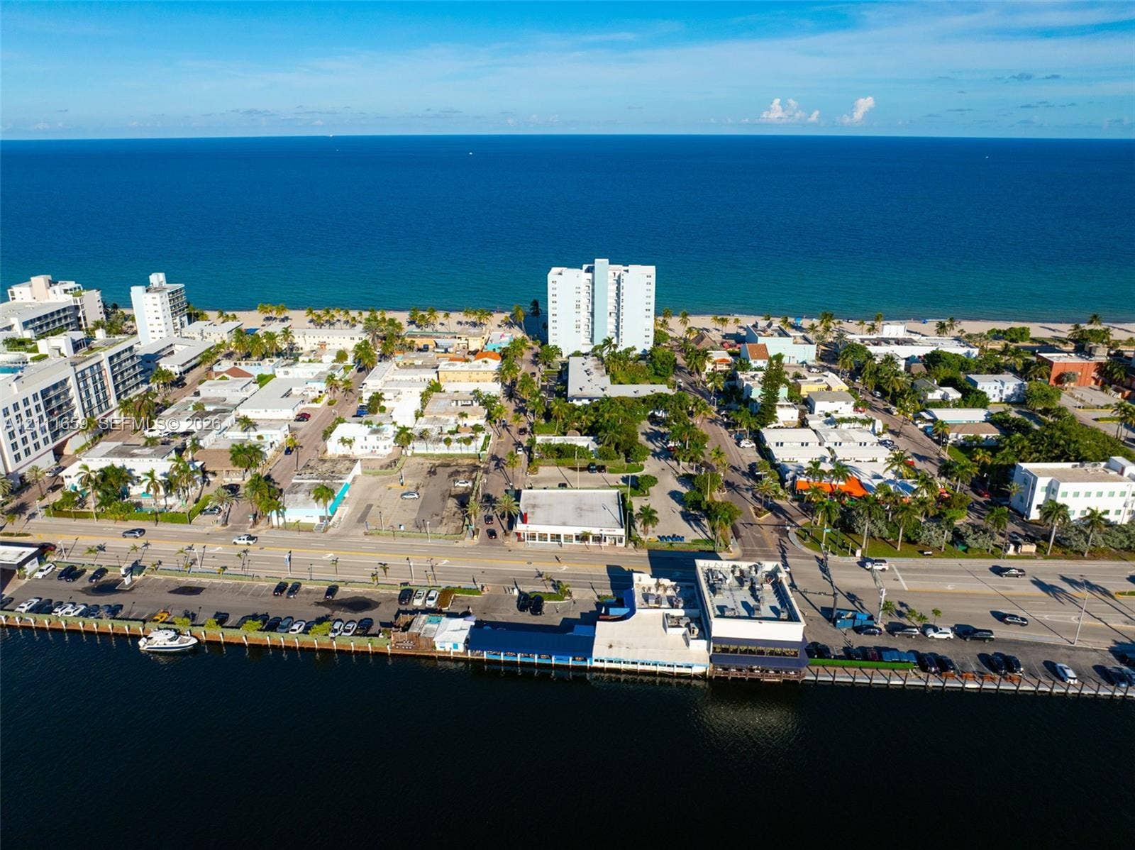 338 Taylor Street, #2, Hollywood, Hollywood, FL 33019 Aerial perspective of coastal landscape featuring ocean frontage, sandy beaches, established palm trees, and waterfront infrastructure