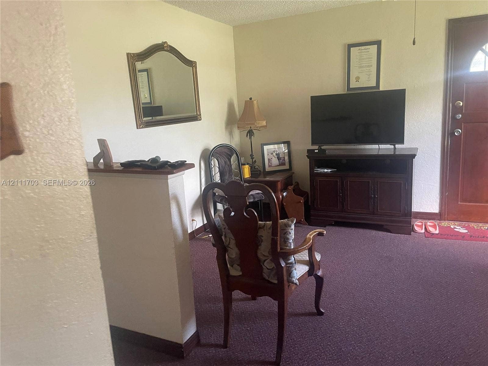 21840 SW 118th Avenue, Miami, FL 33170 Half-wall room divider, carpeted flooring, and wood-paneled entry door with glass pane