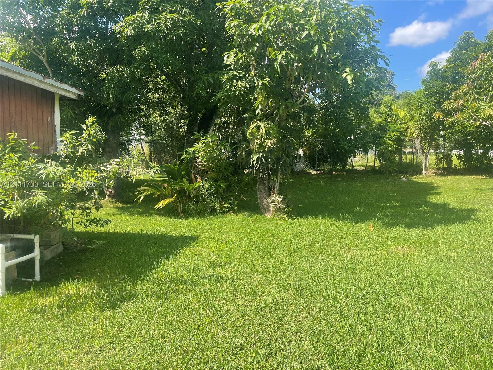 21840 SW 118th Avenue, Miami, FL 33170 Expansive rear grounds featuring a grass lawn, mature trees, and perimeter chain-link fencing