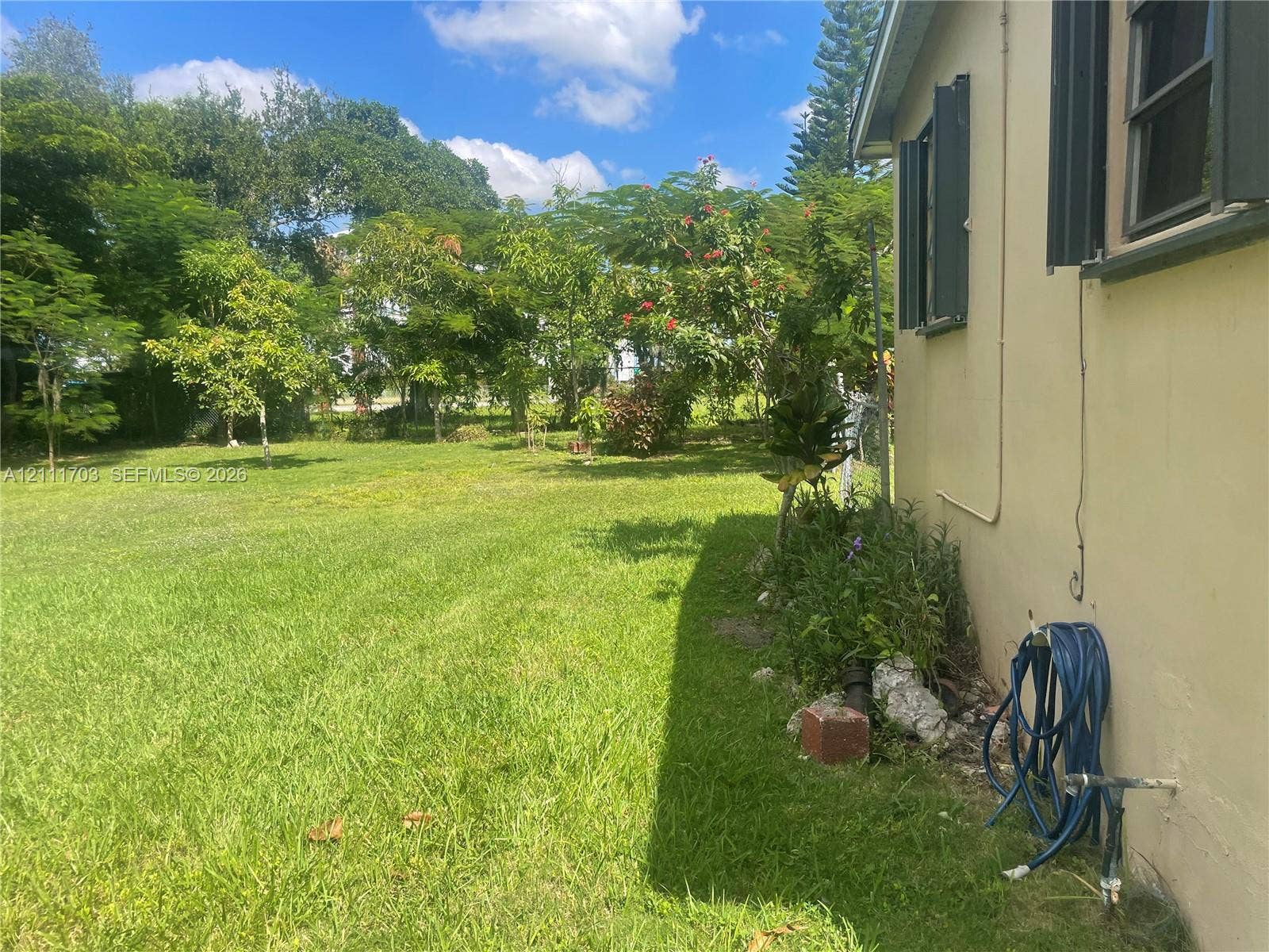21840 SW 118th Avenue, Miami, FL 33170 Expansive backyard featuring a large grass lawn, mature trees, and exterior wall-mounted shutters