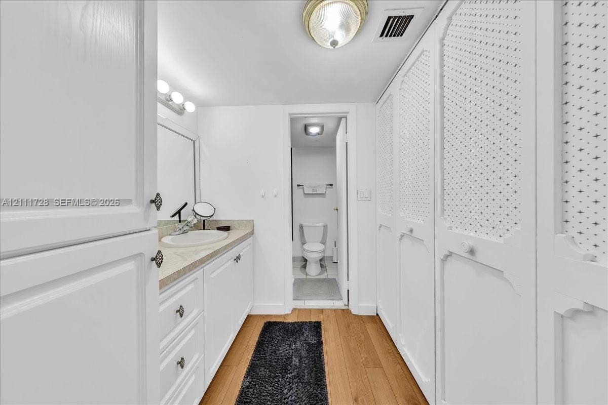 Bathroom featuring wood-finish flooring, built-in cabinetry with white millwork, an integrated countertop with a circular basin, and decorative patterned storage doors