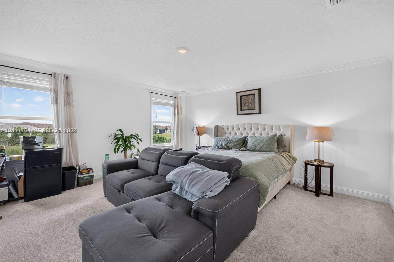 Spacious room featuring neutral carpeting, crown molding, and two windows with natural lighting