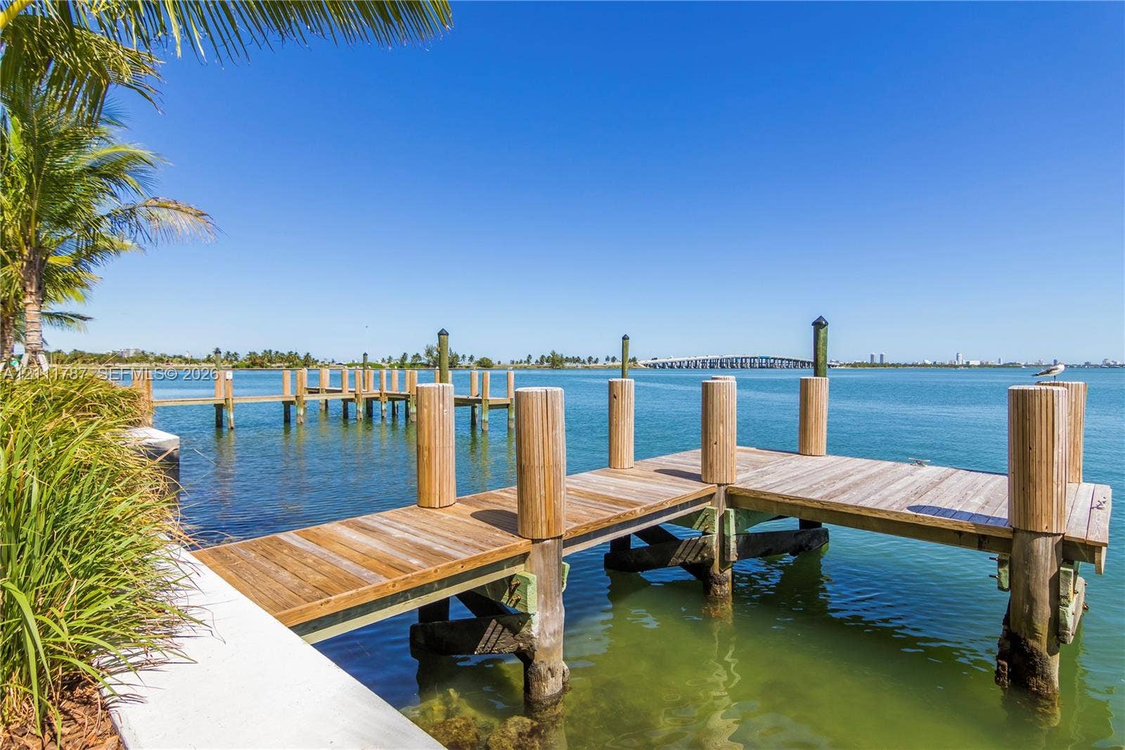 Private wood-plank dock featuring structural pilings, integrated concrete bulkhead, and native coastal landscaping
