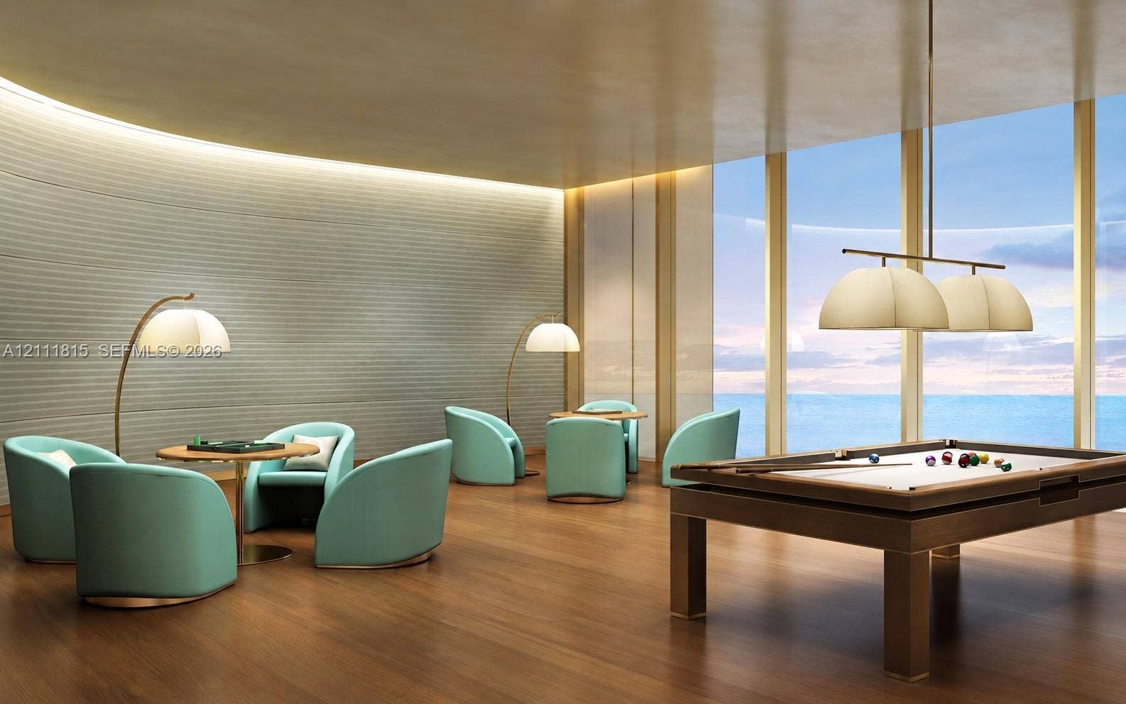 15811 Collins Avenue, #4102, Sunny Isles Beach, FL 33160 Curved, textured wall detailing, floor-to-ceiling windows, wood-finish flooring, and multi-light pendant illumination