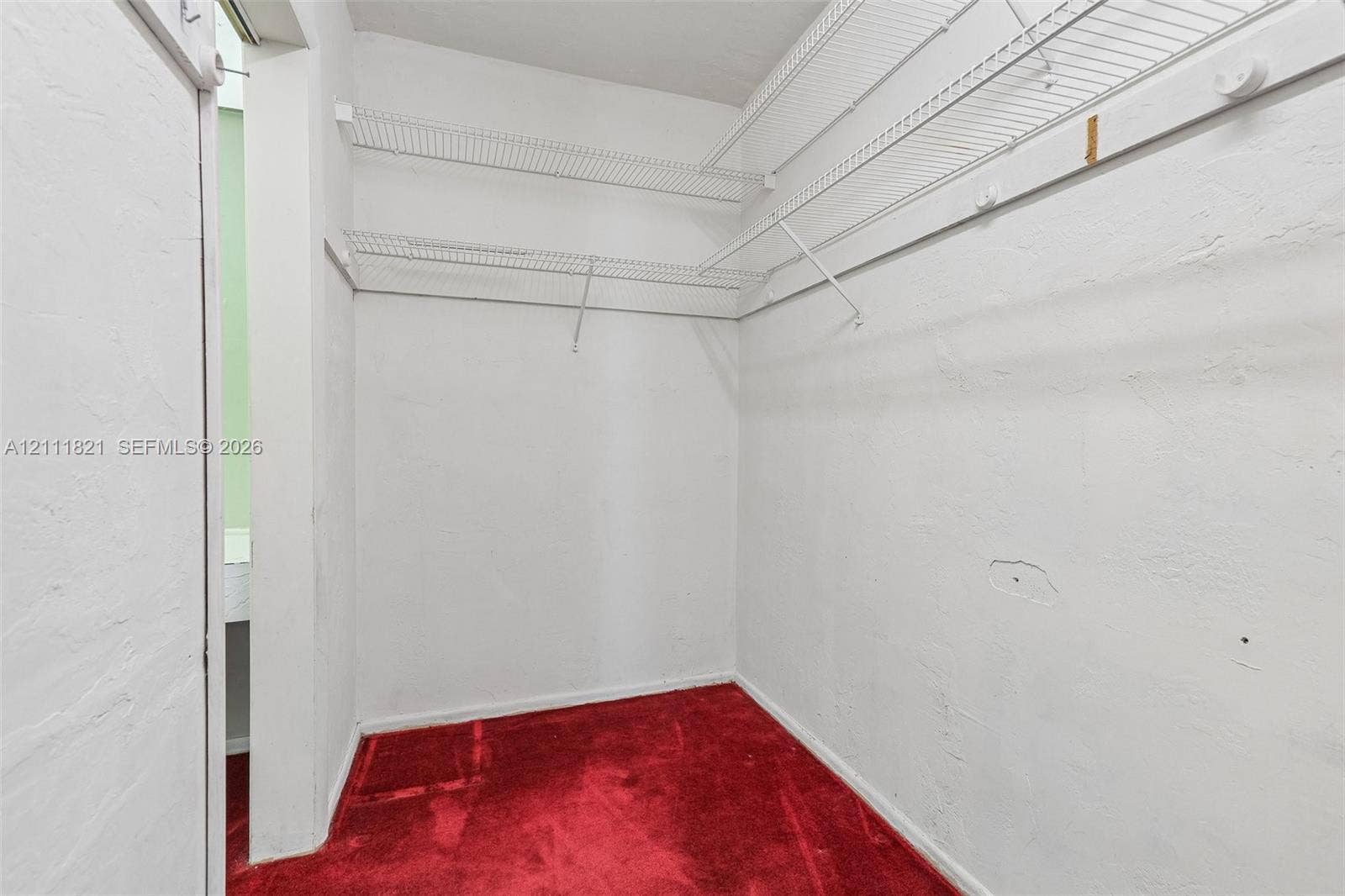 Storage space featuring carpeted flooring and tiered wire shelving