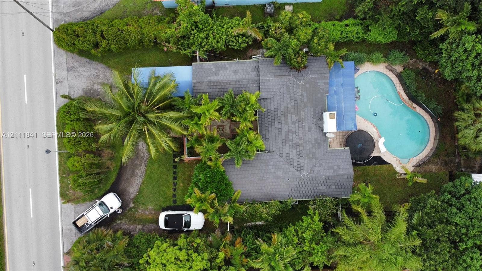 12015 NE 6th Avenue, Biscayne Park, FL 33161 Aerial view featuring a multi-hipped shingle roof, kidney-shaped swimming pool, mature palm tree landscaping, and a paved driveway