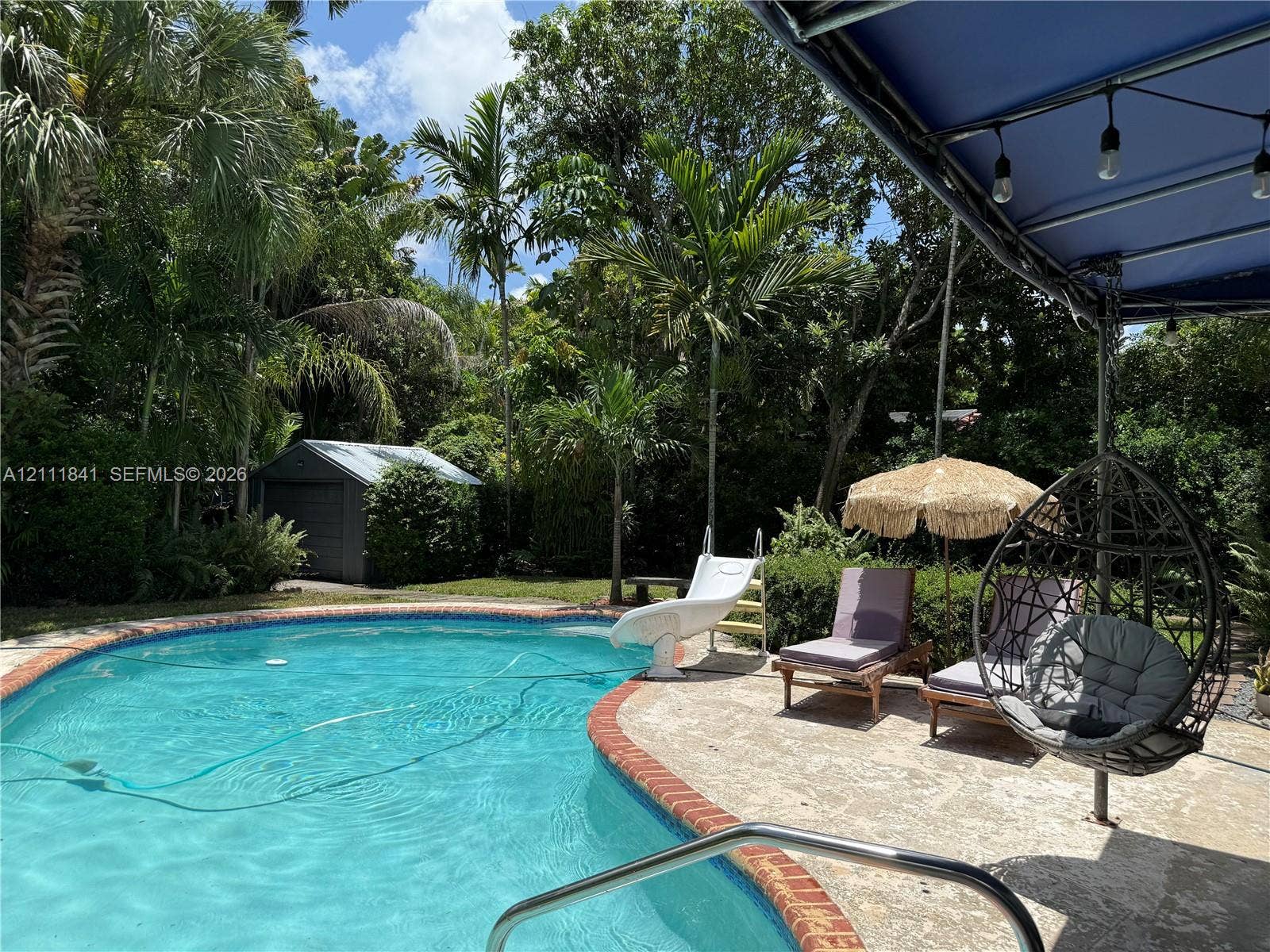 12015 NE 6th Avenue, Biscayne Park, FL 33161 In-ground swimming pool with a red brick coping, concrete pool deck, attached pool slide, and a metal storage shed