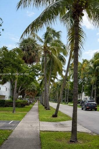 201 Galen Drive, #110, Key Biscayne, FL 33149 Streetscape featuring mature palm trees, paved concrete sidewalk, and maintained grass borders