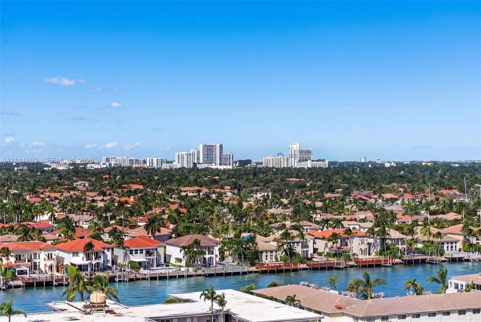 Panoramic aerial outlook featuring expansive water frontage, mature palm trees, residential architecture with tile roofing, and a distant city skyline