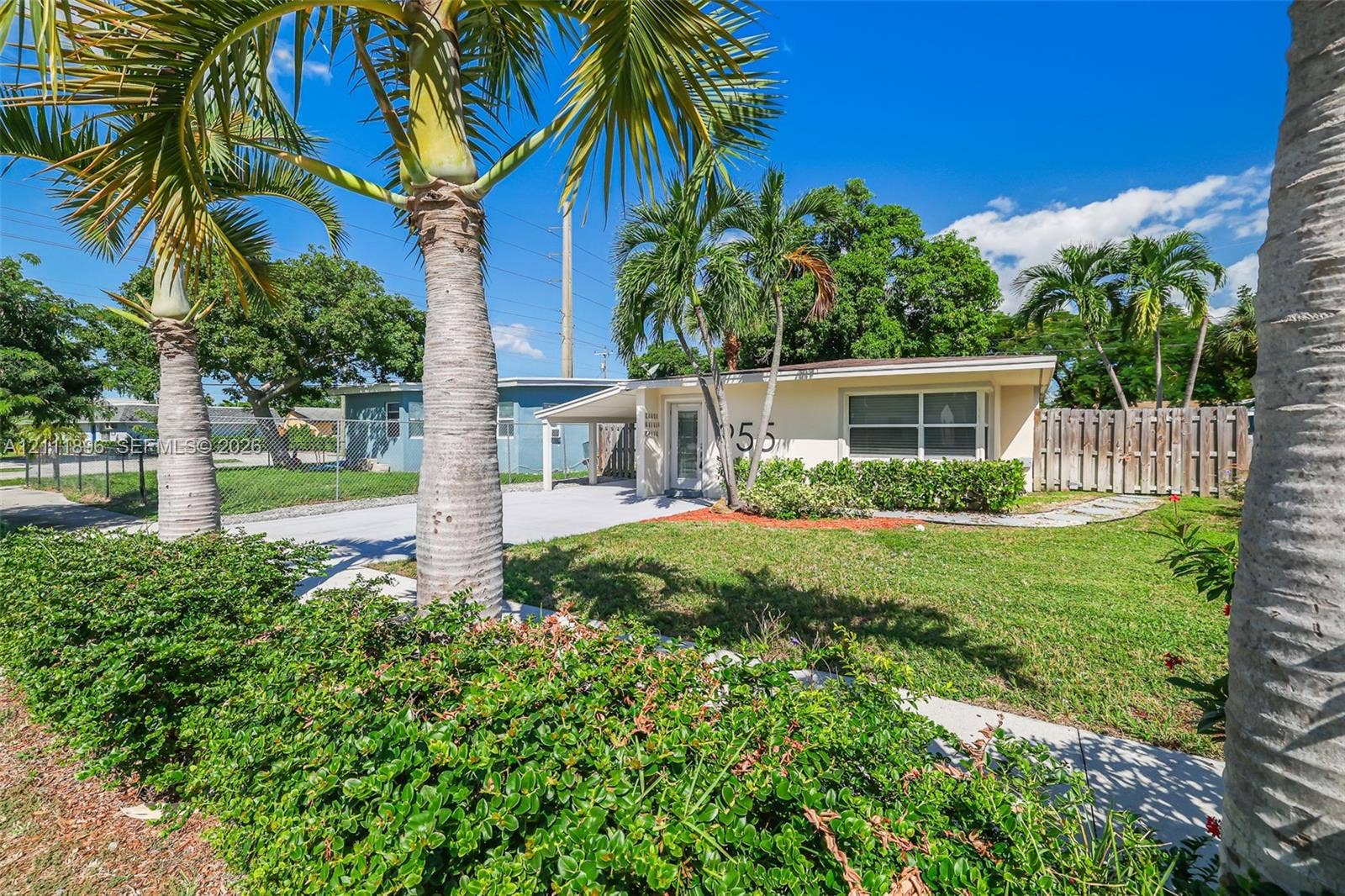 Single-story residence featuring a covered carport, expansive front lawn, mature palm trees, and wood-slat perimeter fencing