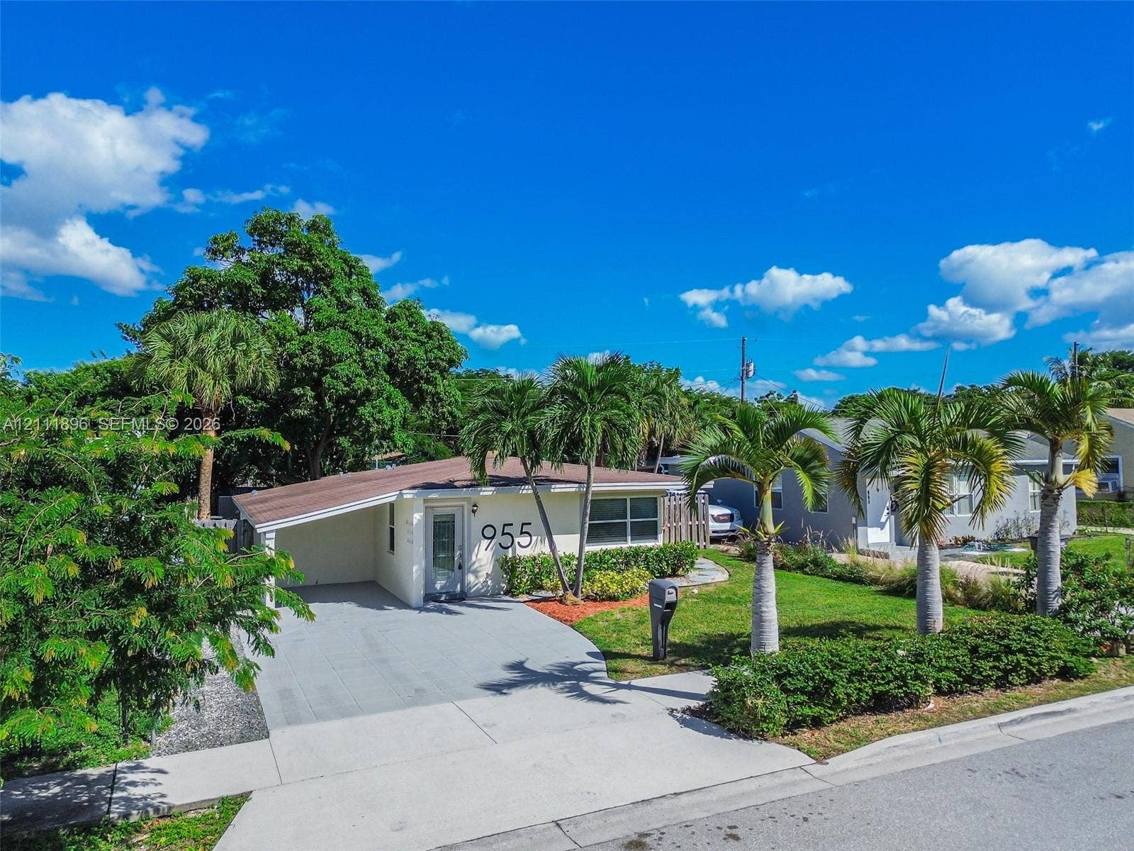 Single-story exterior featuring a concrete carport, paved driveway, low-maintenance landscaping, and mature palm trees