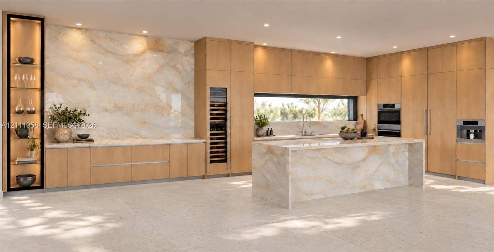 1117 NE 2nd Street, Fort Lauderdale, FL 33301 Modern kitchen featuring light wood-finish cabinetry, a large waterfall-edge island, a full-height stone backsplash, integrated wine storage, and built-in stainless steel appliances