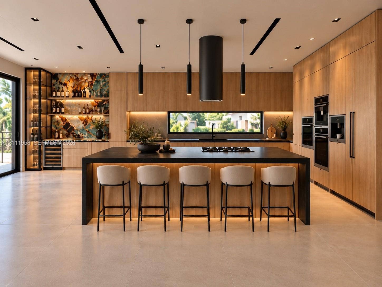 1117 NE 2nd Street, Fort Lauderdale, FL 33301 Contemporary kitchen featuring full-height wood cabinetry, a matte black waterfall-edge island with an integrated cooktop, a cylindrical range hood, built-in wall ovens, and a temperature-controlled wine refrigerator