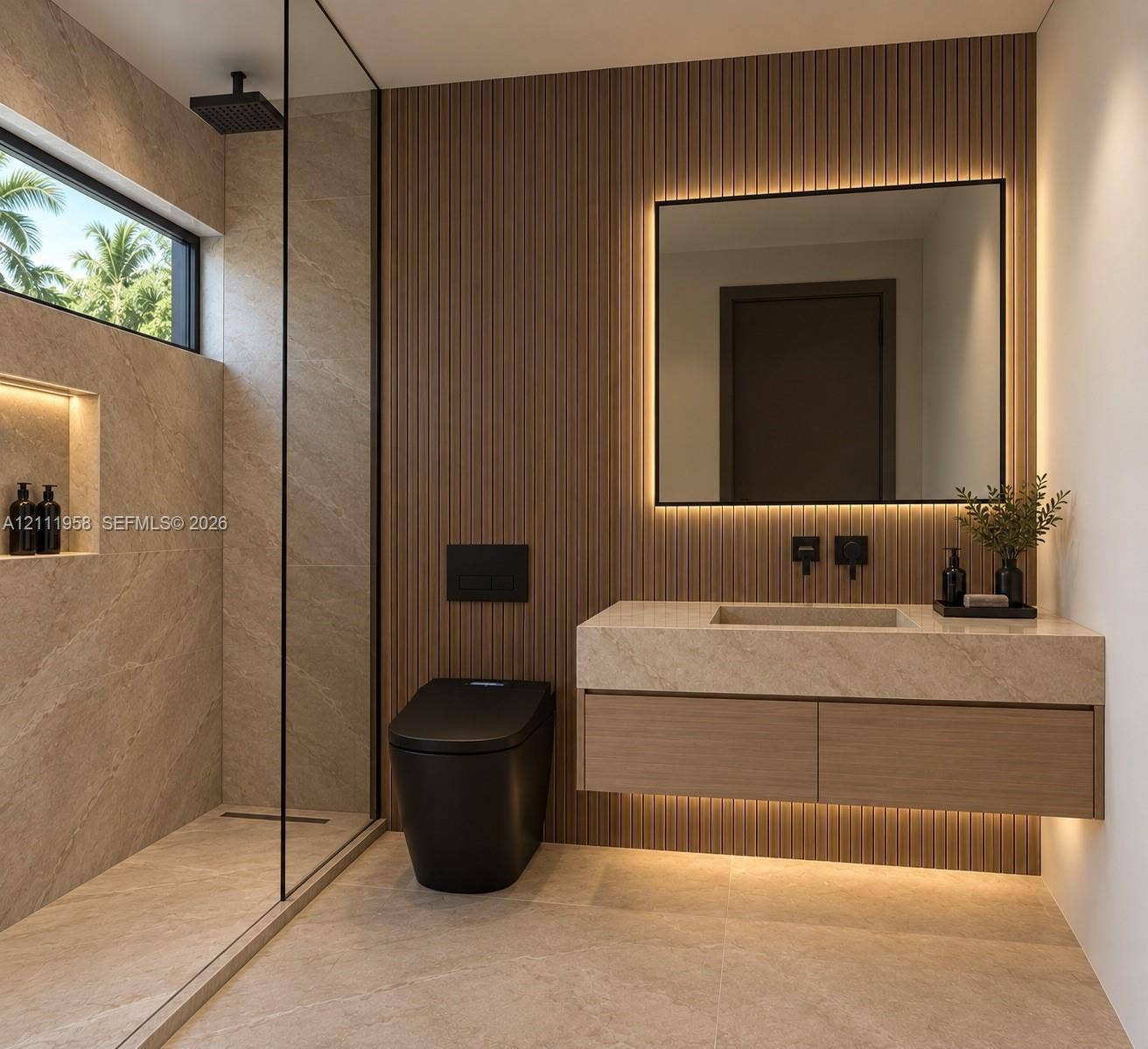 1117 NE 2nd Street, Fort Lauderdale, FL 33301 Floating wood-finish vanity with an integrated stone-composite countertop, matte black wall-mounted faucet, vertical wood slat wall detailing, LED-backlit mirror, and walk-in shower with large-format tile and a recessed niche