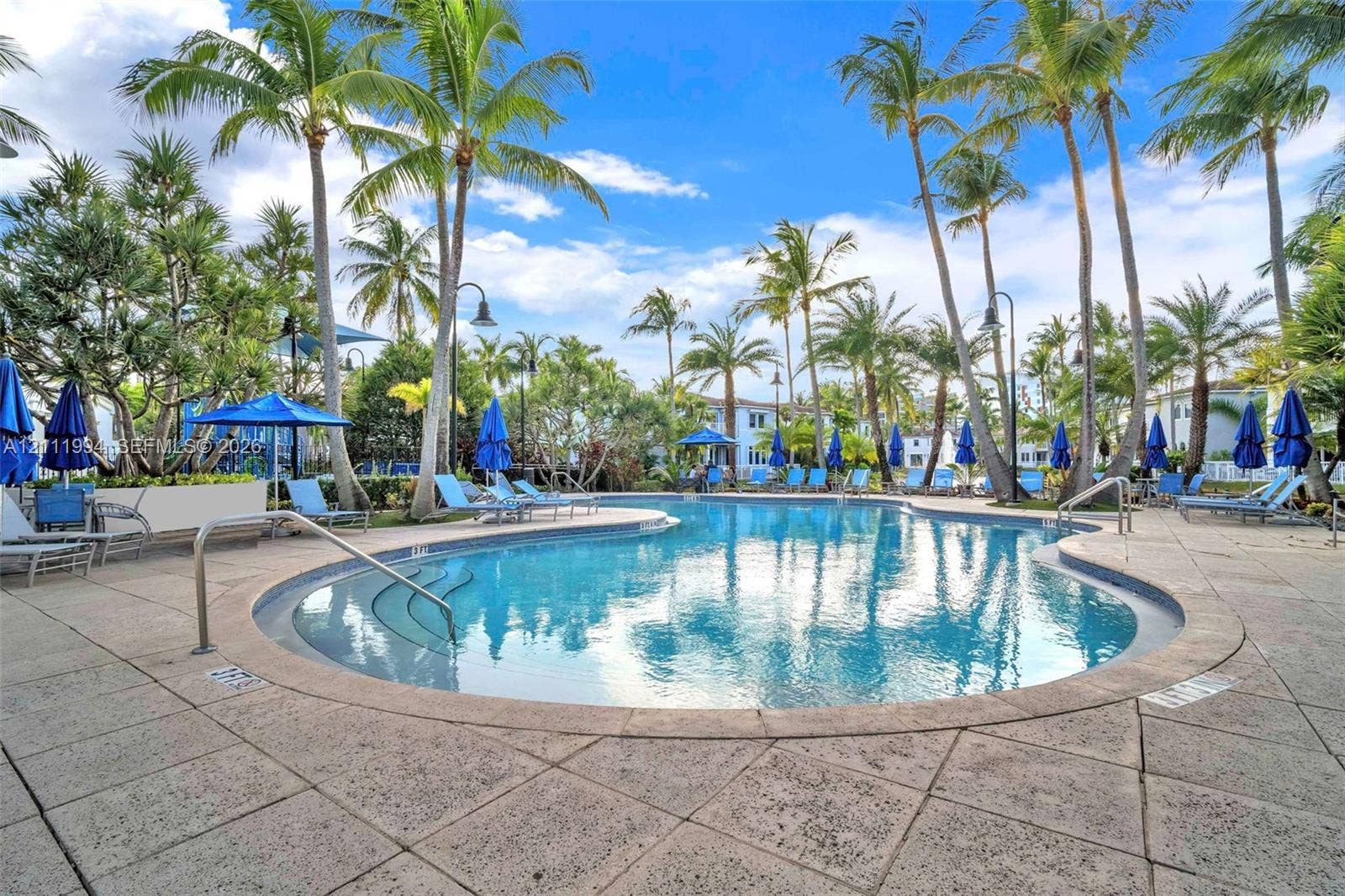 Swimming pool featuring a concrete paver deck, stainless steel handrails, integrated stair entry, and mature palm trees
