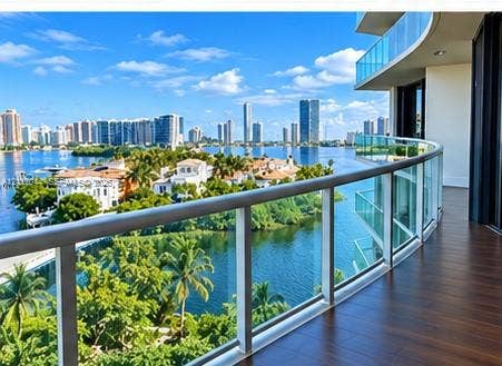 Curved balcony with wood-finish flooring, glass panel railings, and metal framing