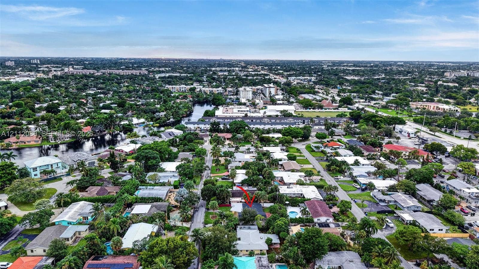 2017 NE 29th Court, Fort Lauderdale, FL 33306 Aerial perspective of a residential property featuring a rectangular swimming pool, fenced perimeter, and mature landscape vegetation
