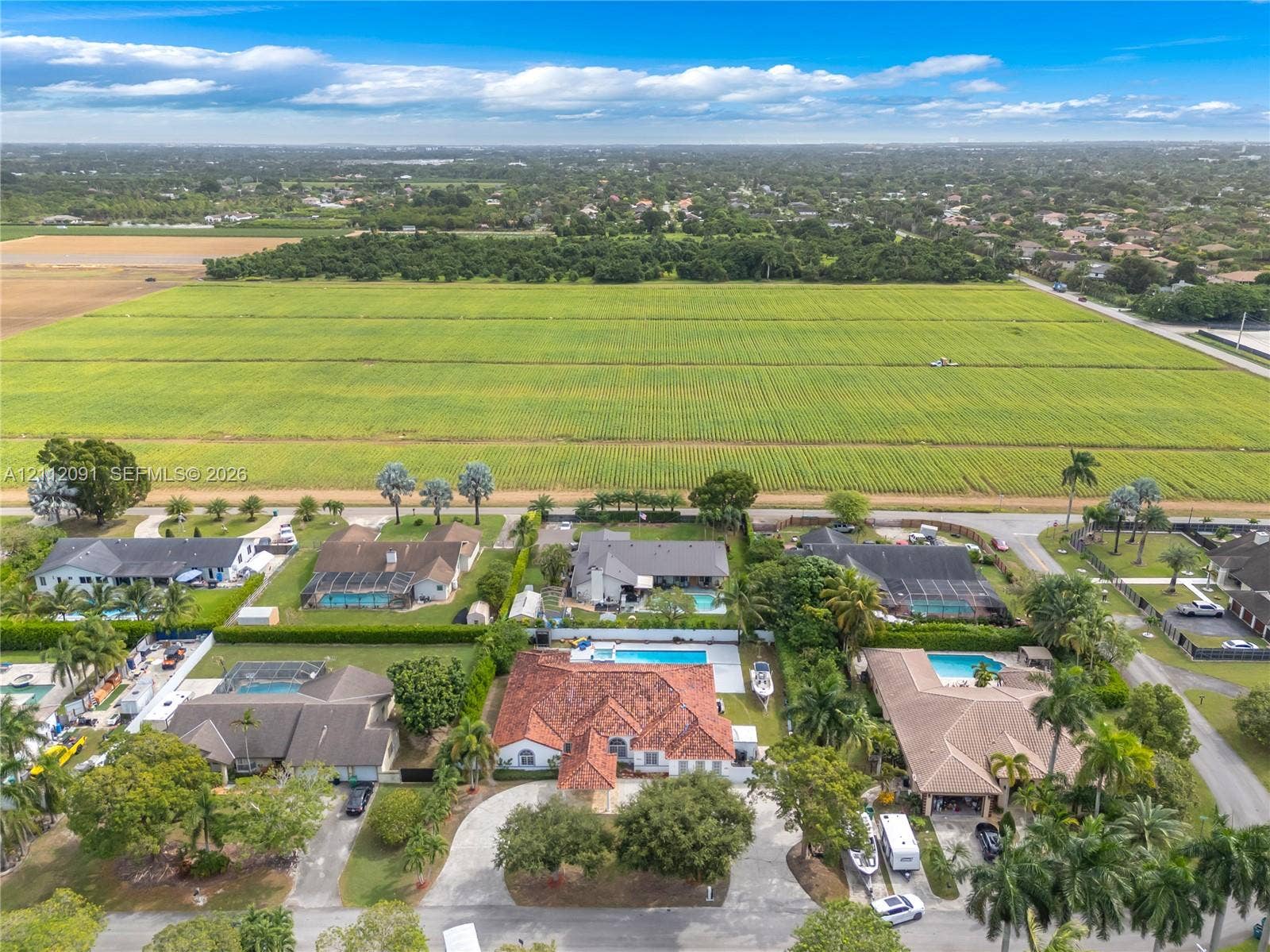 29481 SW 193rd Court, Homestead, FL 33030 Aerial perspective featuring a property with a clay tile roof, paved circular driveway, private swimming pool, and expansive green space backdrop