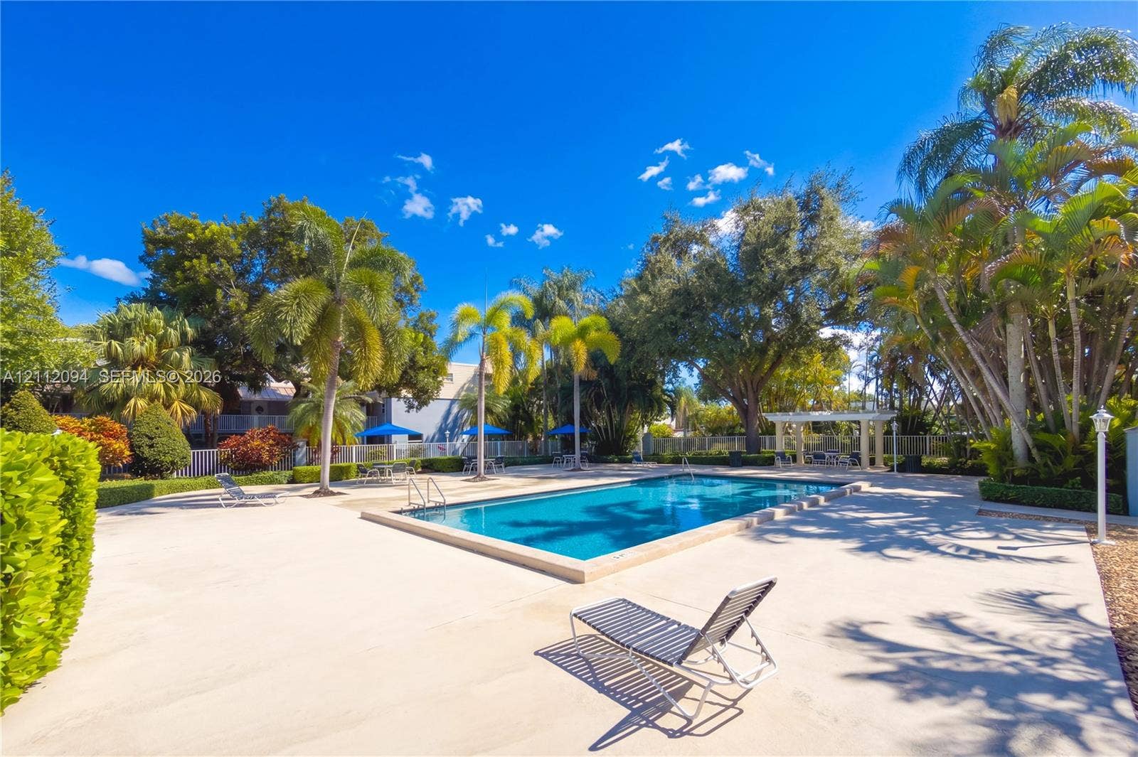 4600 SW 67th Avenue, #242, Miami, Miami, FL 33155 Beautiful community pool and deck area with a pergola, surrounded by lush landscaping