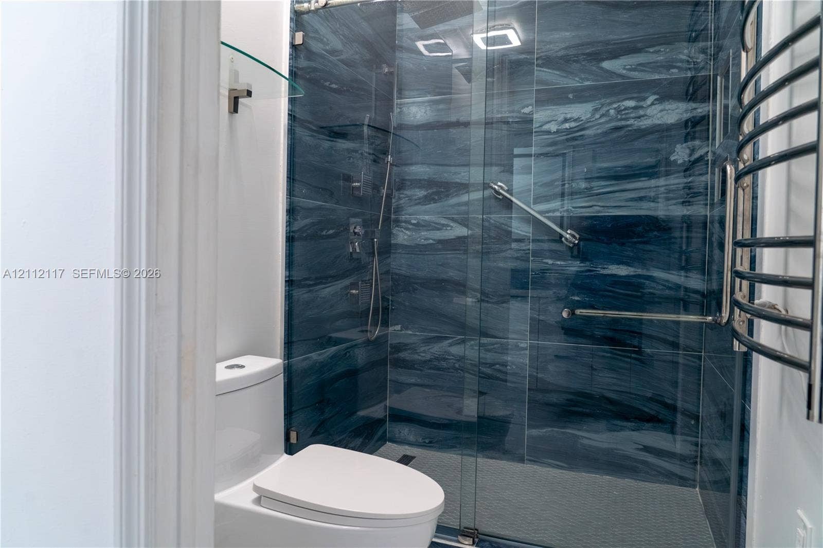 1209 NE 32nd Avenue, Homestead, Homestead, FL 33033 Walk-in shower featuring blue-toned stone-finish tile surround, glass enclosure, wall-mounted shower fixture, and a chrome-finish heated towel rack