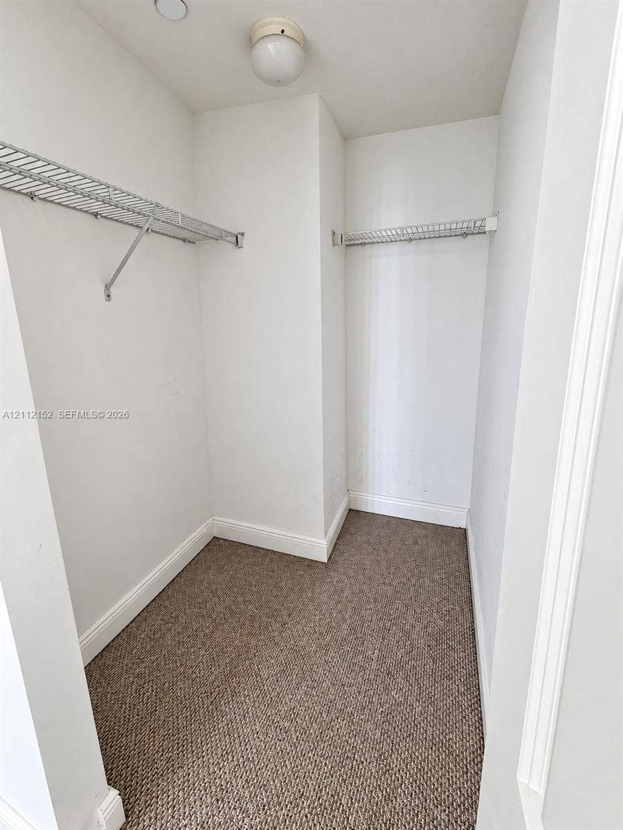 Storage area featuring neutral carpeting, white walls, dual wire shelving units, and a flush-mount ceiling fixture