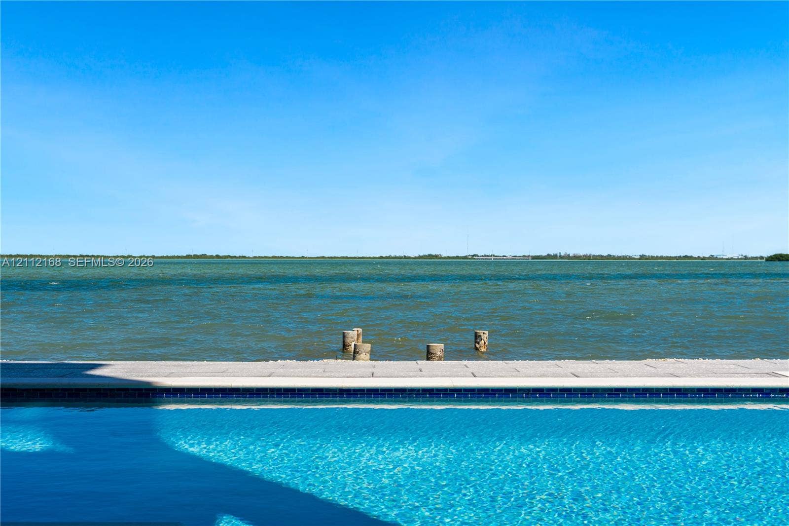 1041 E Buttonwood Drive, Sugarloaf Key, FL 33042 Infinity-edge pool with blue tiled waterline, stone paver decking, and open water frontage