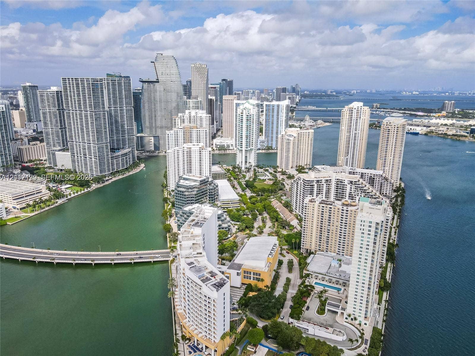 800 Claughton Island Drive, #1604, Miami, Miami, FL 33131 Aerial perspective featuring high-density urban infrastructure, coastal waterway access, and proximity to metropolitan skylines