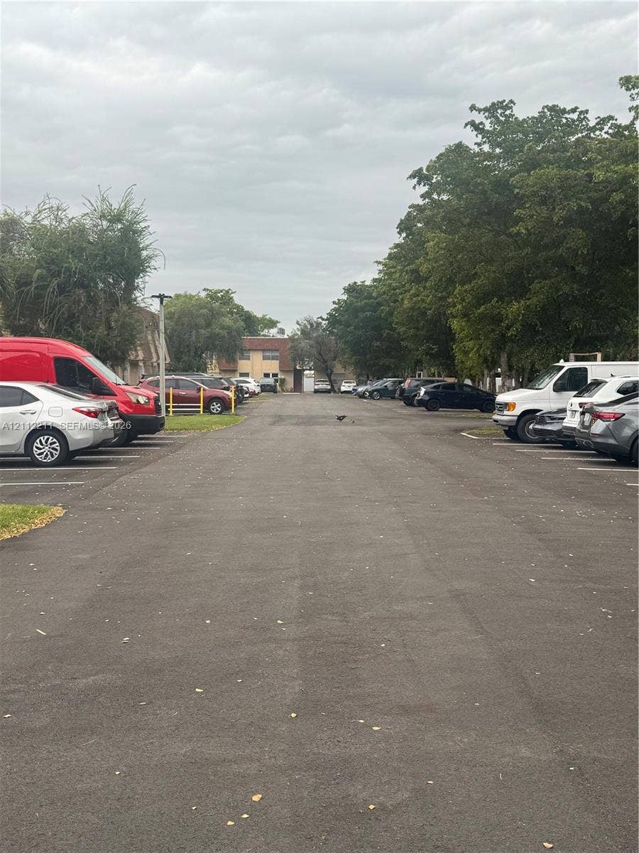 Asphalt surface parking lot featuring designated parking stalls and mature trees