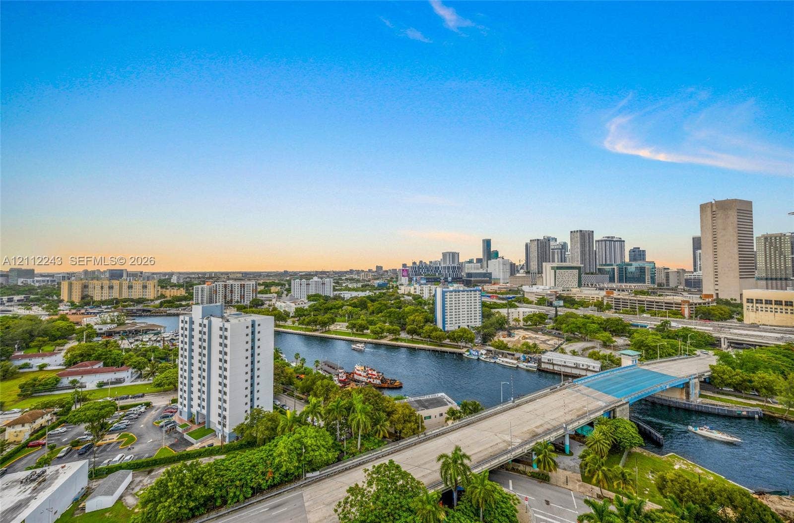 High-rise aerial perspective featuring an urban skyline, a winding waterway, a bridge, and lush mature trees