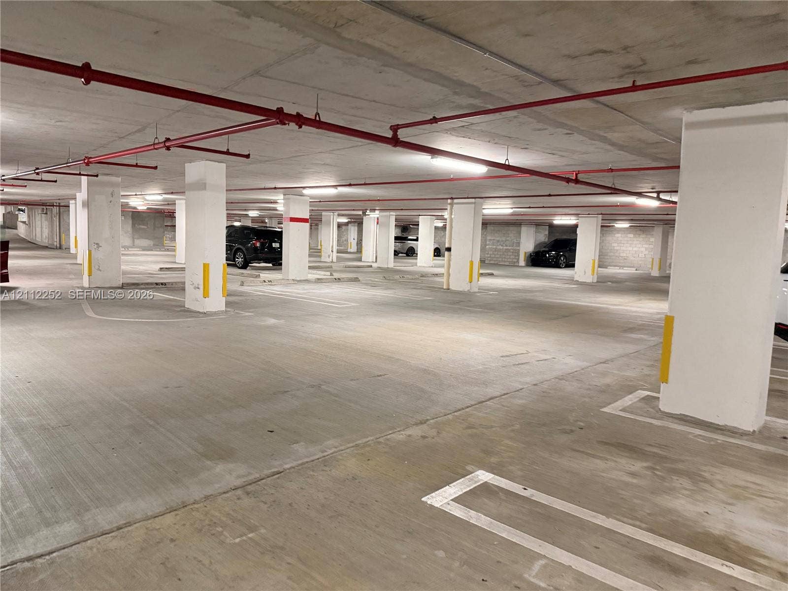 3900 Biscayne Boulevard, #N-1113, Miami, FL 33137 Covered parking garage with a concrete floor, concrete support columns, and overhead sprinkler system