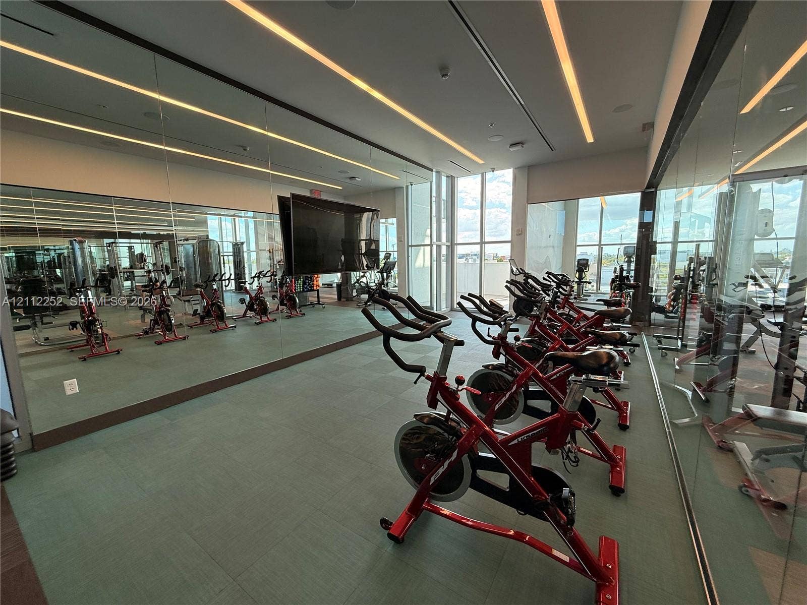 3900 Biscayne Boulevard, #N-1113, Miami, FL 33137 Fitness center featuring floor-to-ceiling mirrors, large-format tile flooring, linear recessed lighting, and extensive windows