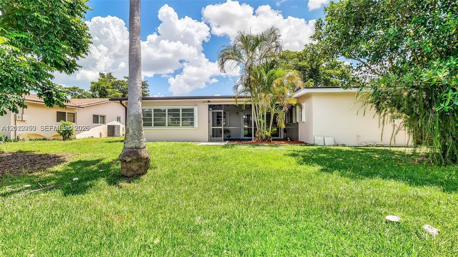 500 NW 96th Terrace, Pembroke Pines, FL 33024 Expansive backyard featuring a large grass lawn, mature palm trees, perimeter foliage, and a screened-in rear patio area