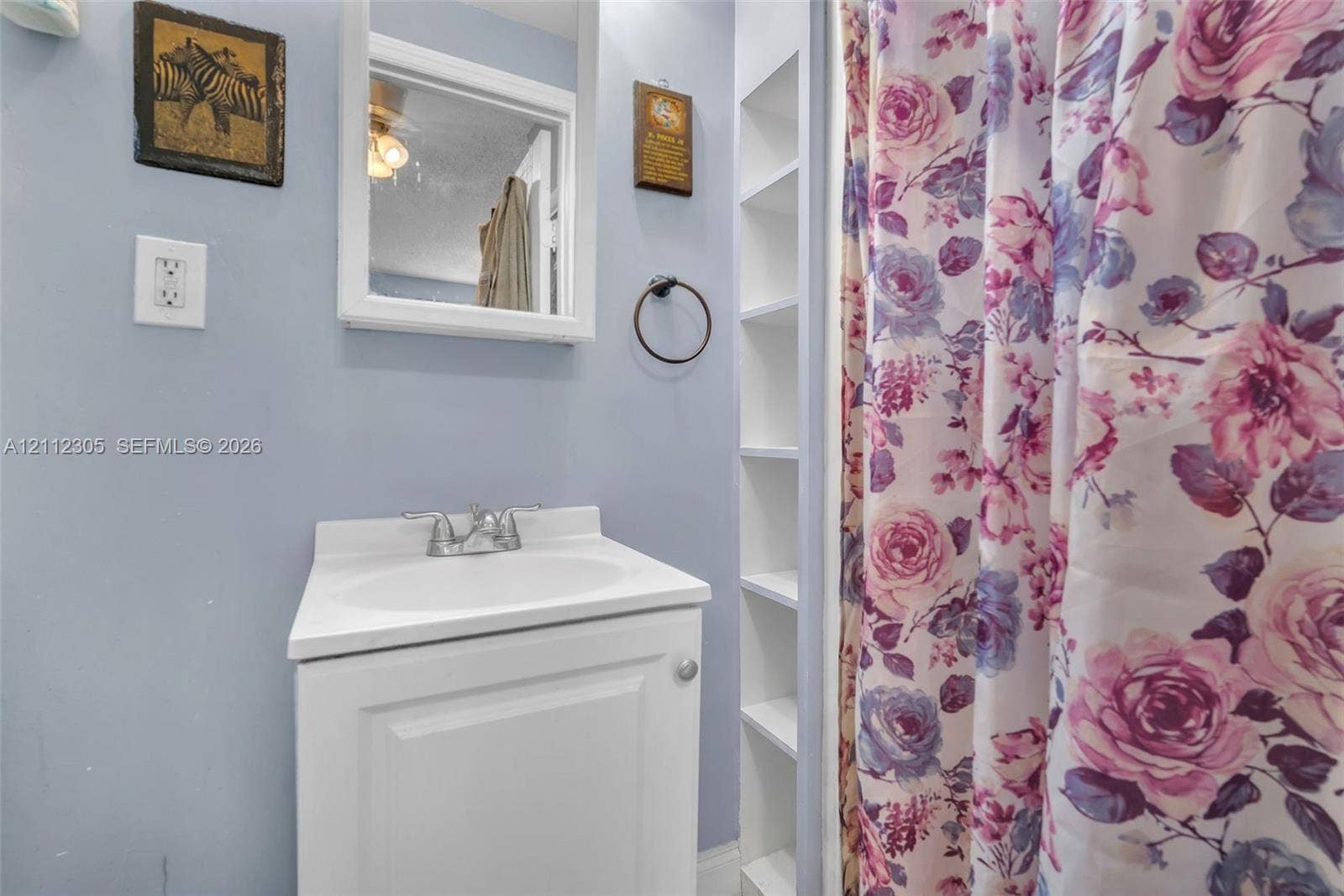 1008 N 18th Court, Hollywood, FL 33020 White vanity with integrated sink, chrome double-handle faucet, wall-mounted mirror, and built-in recessed shelving