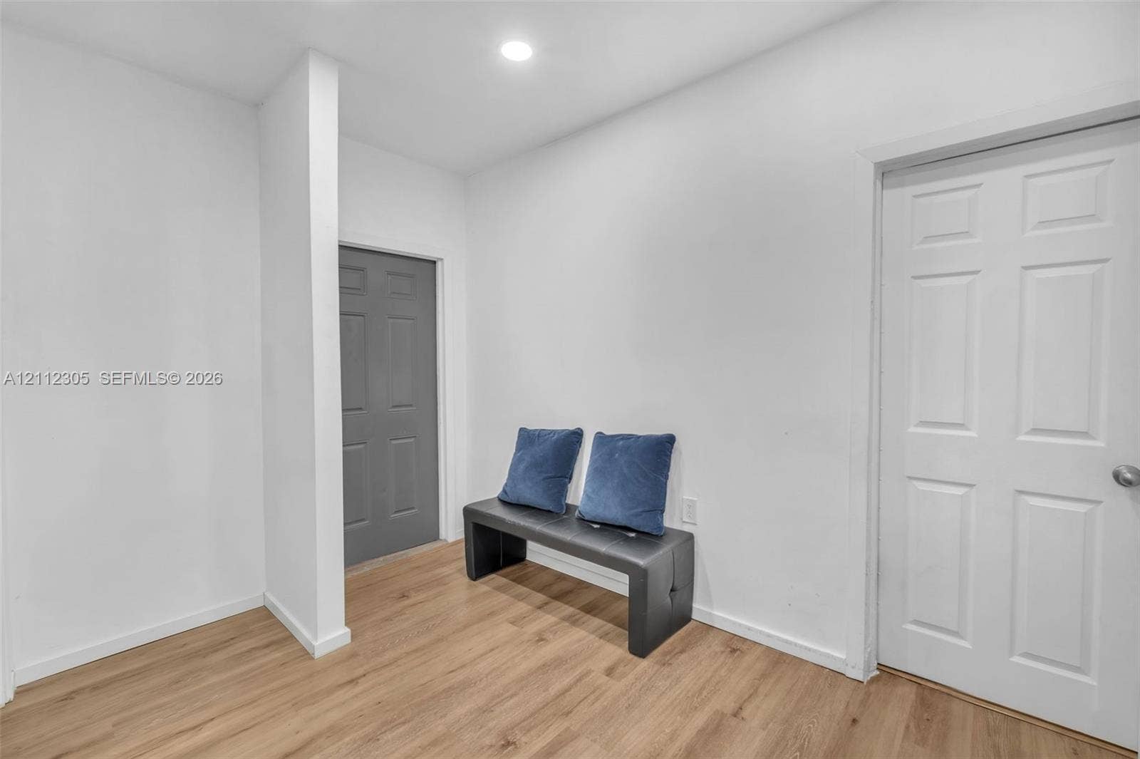 1008 N 18th Court, Hollywood, FL 33020 Neutral wall finish, wood-finish flooring, and two six-panel interior doors, including one contrasting gray door, illuminated by recessed lighting