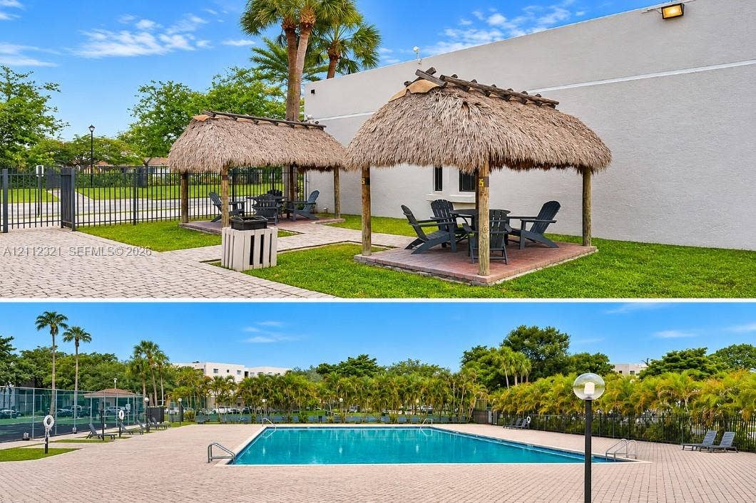 Property Amenities Documentation. Illustrating the outdoor communal area and swimming pool located at the property