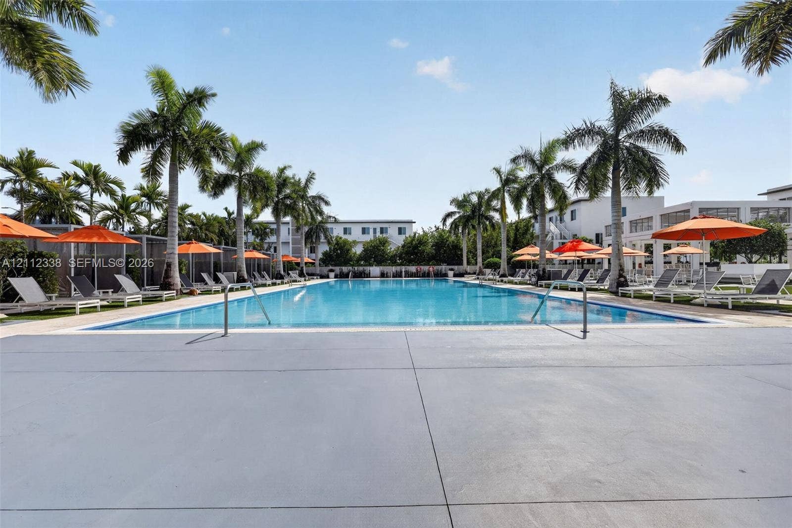 10305 NW 63rd Terrace, #102, Doral, FL 33178 Swimming pool featuring a rectangular basin, concrete pool deck, and palm tree landscaping