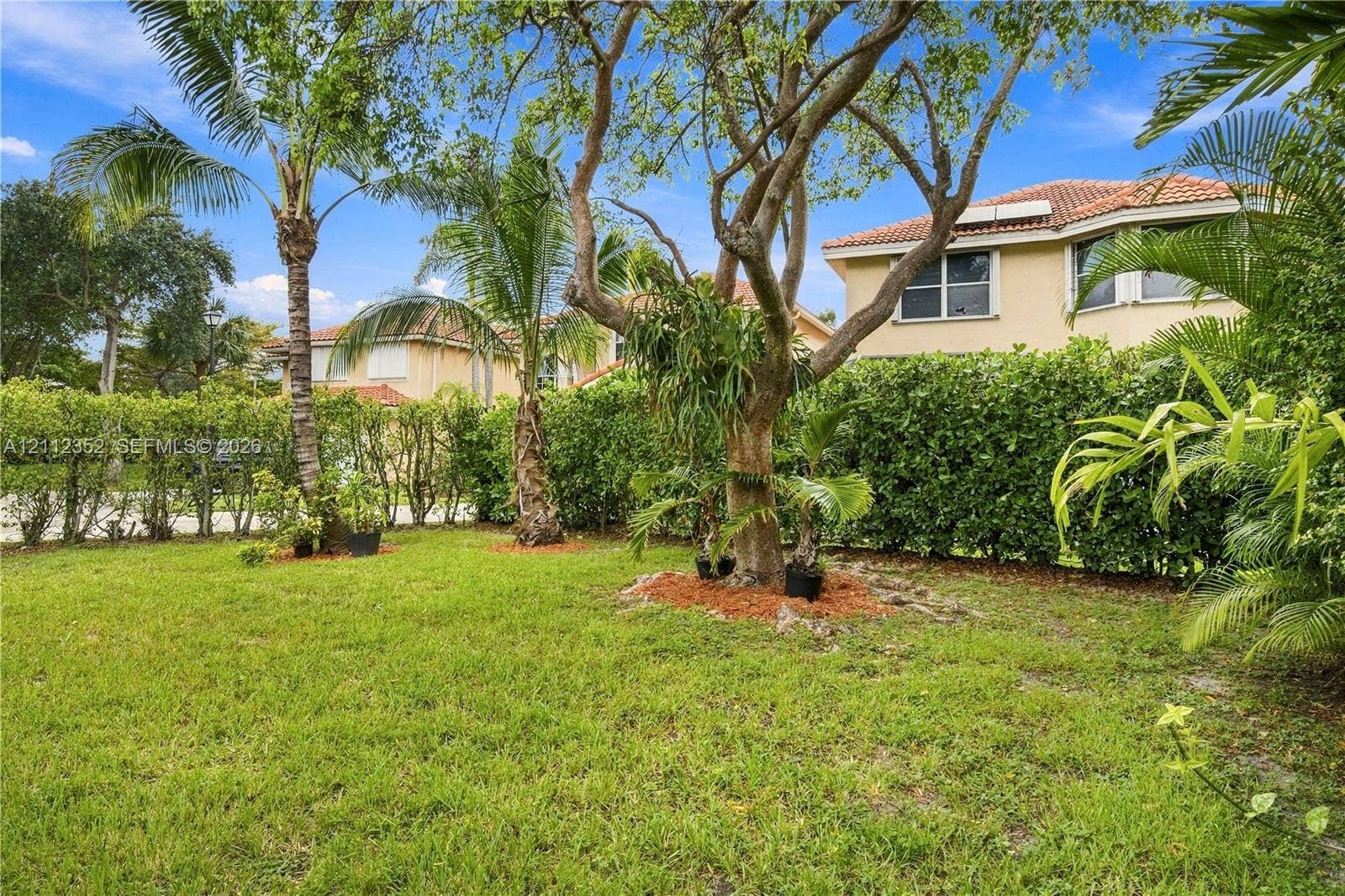 2880 NW 75th Avenue, Margate, FL 33063 Private backyard featuring a manicured lawn, established landscaping, mature trees, and dense perimeter hedge privacy screening