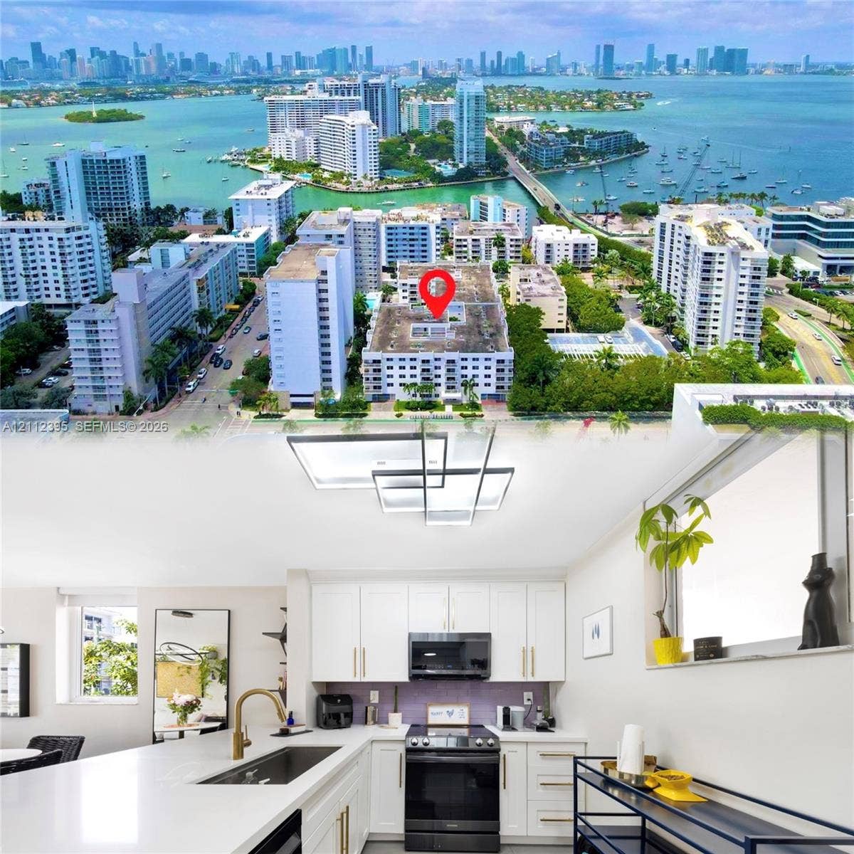 Aerial perspective featuring a mid-rise residential structure in a coastal urban setting, complemented by a kitchen interior with white shaker-style cabinetry, quartz countertops, a deep undermount sink with a brass-finish faucet, a black over-the-range microwave, and a geometric flush-mount light fixture